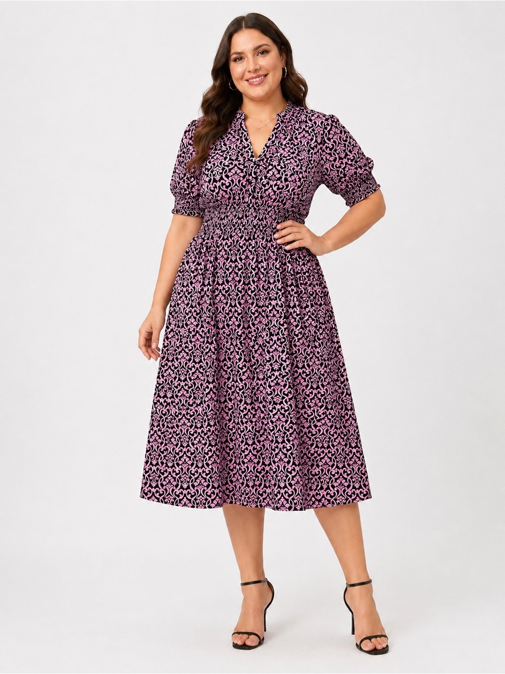 Unknown Brand Black & Pink Print Smocked Waist Dress Size 1X